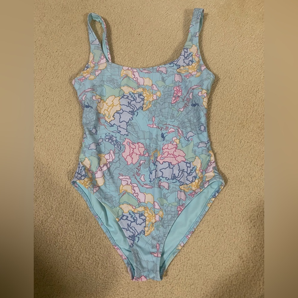Show Me Your MuMu Light Blue Multi-Color Map Print One-Piece Swimsuit